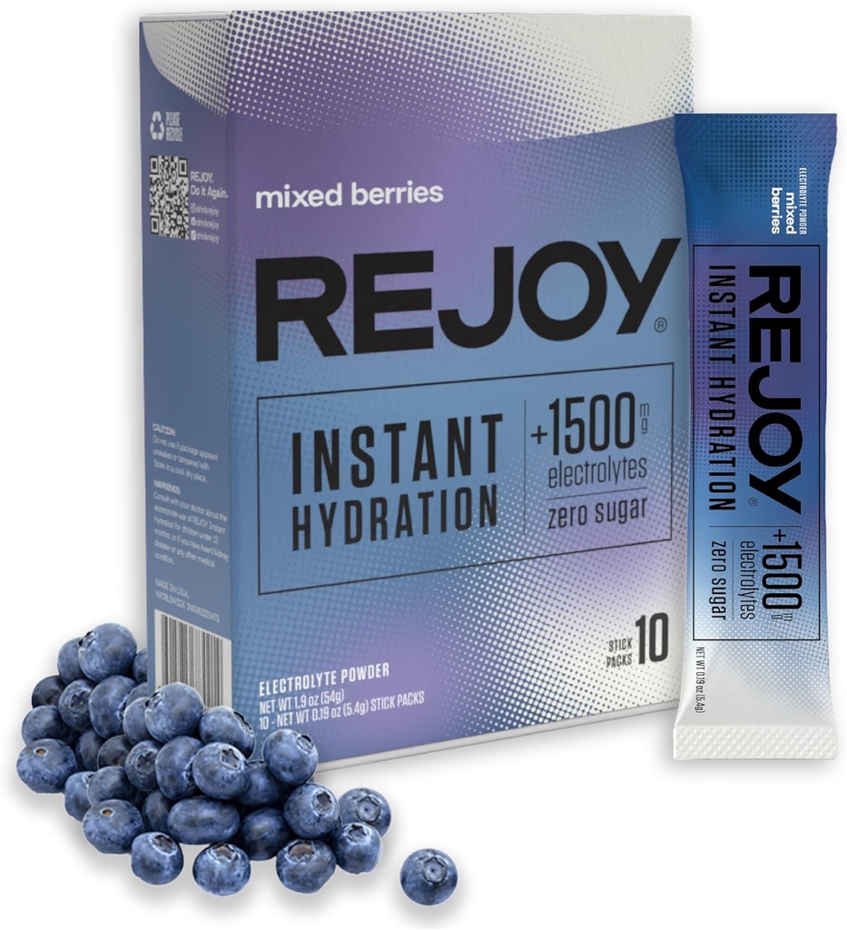 Rejoy – Electrolyte Powder Packets, 10 Packs – Hydration Drink Mix dodatek – Sugar Free, Keto in Paleo prijazno, Vegan, Non-GMO, Easy Open Enostransko serving Pack (Mešane jagode)