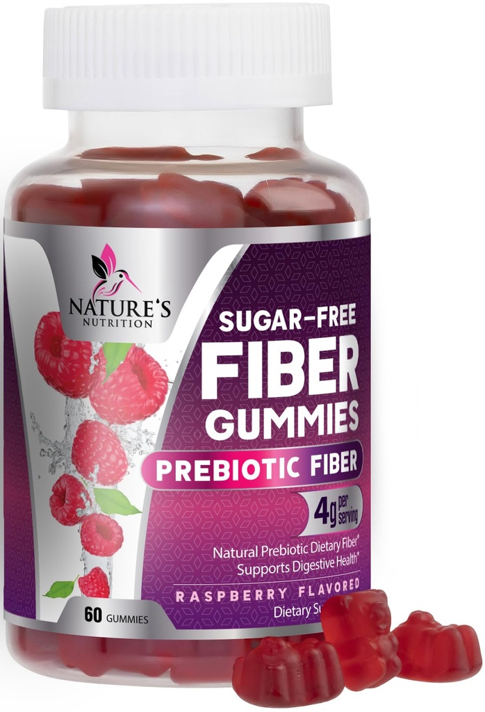 Prebiotične vlaknine Gumies 4g - Sugar Free Gummy Fiber dodatek za prebavne zdravje odraslih in regularnost podpora - Naravne malina arome, rastlinski osnovi mešanica, Non-GMO & Gluten brezplačno - 60 Gumies