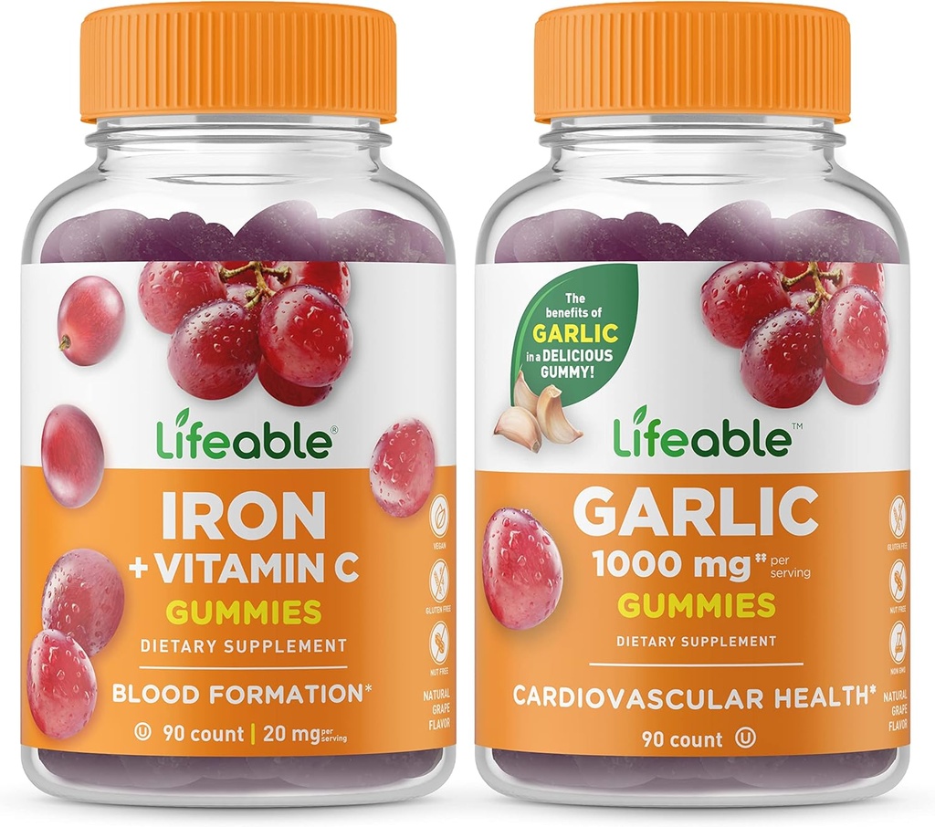 Življenjsko železo z vitaminom C + česen 1000mg, Gummies Bundle - odličen okus, vitamin dodatek, Gluten brezplačno, GSO brezplačno, žvečljivi gumi