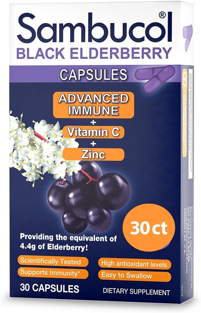Sambucol Črna Elderberry kapsule - Napredno Imunska, Vitamin C in cink, Elderberry kapsule, Imunska podpora Dopolnilo, Črna Elderberry dopolnila, Gluten brez, Enostavno pogoltniti kapsule - 30 Število