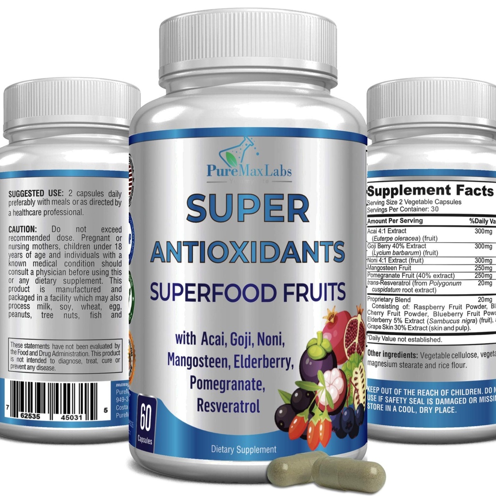 Super antioksidantni sadni superživilski kompleks - zmogljivi antioksidanti Supersade, Acai, Goji, Noni, Mangosten, Granatno jabolko, Starejše jagode, Resveratrol, Imunska podpora, nega kože - 60 kapsul