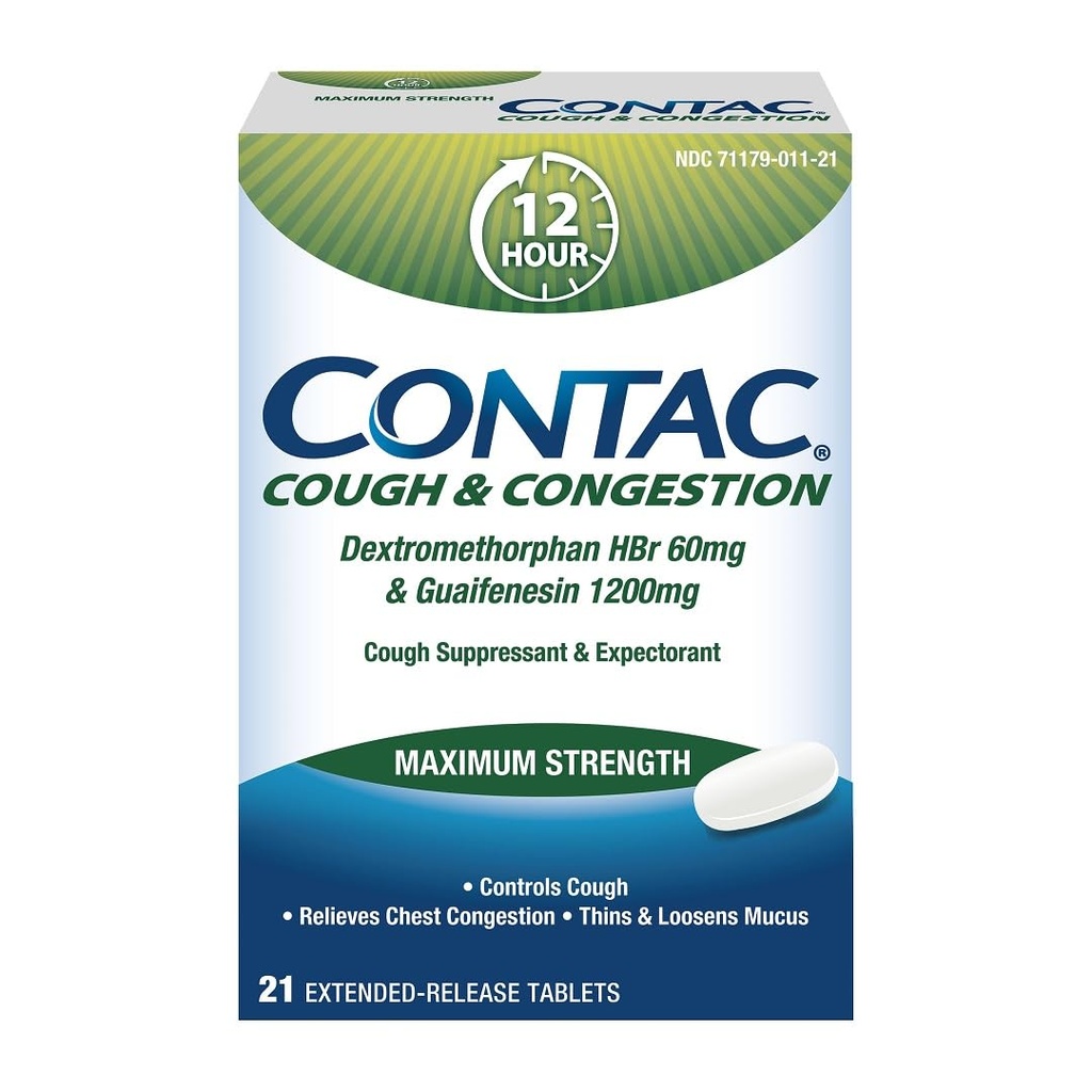 Contac kašelj & Congestion maksimalna moč kontrole kašelj, Thins in Loosens Mucus, Guaifensin & Dextrometorfan HBr, razširjena sprostitev tablete, 21 Število