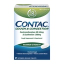 Contac kašelj & Congestion maksimalna moč kontrole kašelj, Thins in Loosens Mucus, Guaifensin & Dextrometorfan HBr, razširjena sprostitev tablete, 21 Število