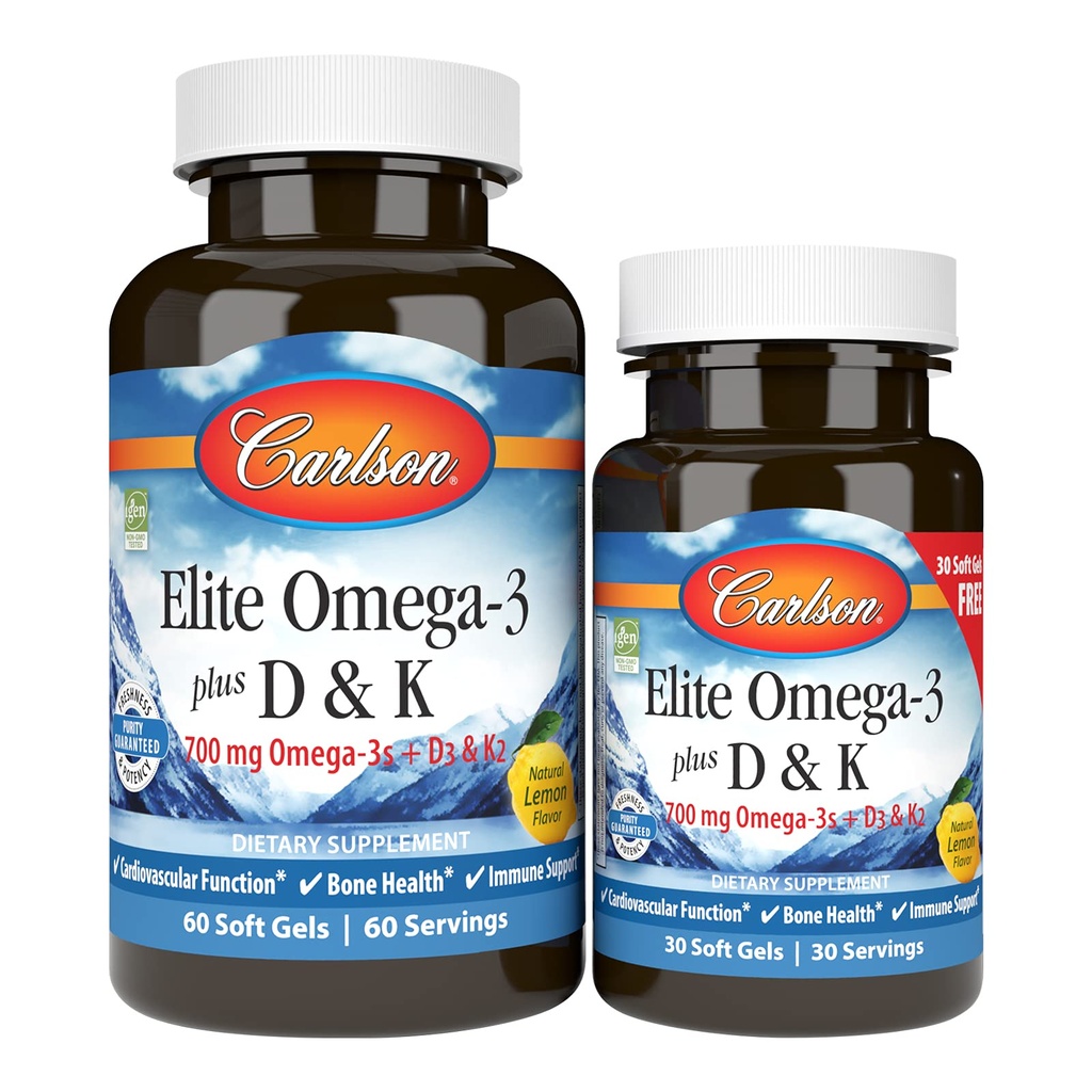 Carlson - Elite Omega-3 Plus D & K, 700 mg Omega-3s + D3 & K2, Funkcija, zdravje kosti in podpora imunskemu sistemu, Lemon, 60+30 Softgel