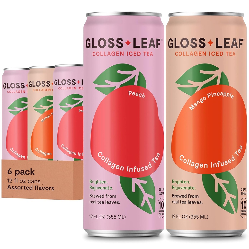 Gloss Leaf Kolagen ledeni čaj (Zero-Sugar, Razvrščen): Premaran črni čaj s kolagen peptidi beljakovine & vitamin C, lepota & anti-Aging, 12 Fl Oz, 6 Pack