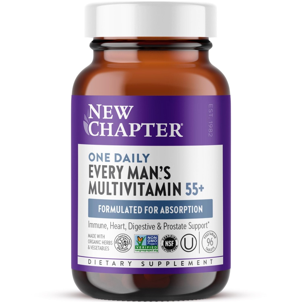 Novo poglavje Moški multivitaminski 50 Plus za možgane, srce, prebavne motnje, prostate in imunske podpore z 20+ Nutrienti + astaksantin - vsak moški enkrat dnevno 55+, Nežno na želodec - 96 ct