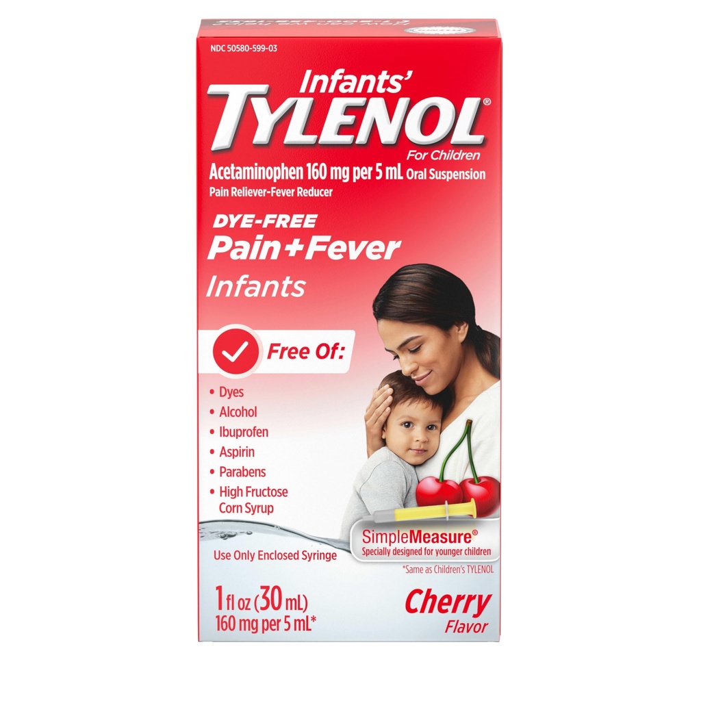 Tylenol peroralna suspenzija za dojenčke Tekoča medicina z acetataminofen, Baby Fever Reducer & Pain Reliever za manjše bolečine in bolečine, boleče grlo, glavobol & zob bolečine, barva brez Cherry, 1 fl. oz
