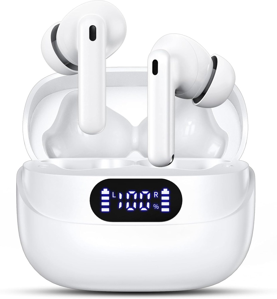 Brezžična ušesa, 42H Playtime Bluetooth 5.3 Slušalke, HiFi Stereo Klic Hrup Prekliči slušalke, IPX7 Vodoodporne Stereo in-Earphone z LED zaslonom za iOS Android (bela)