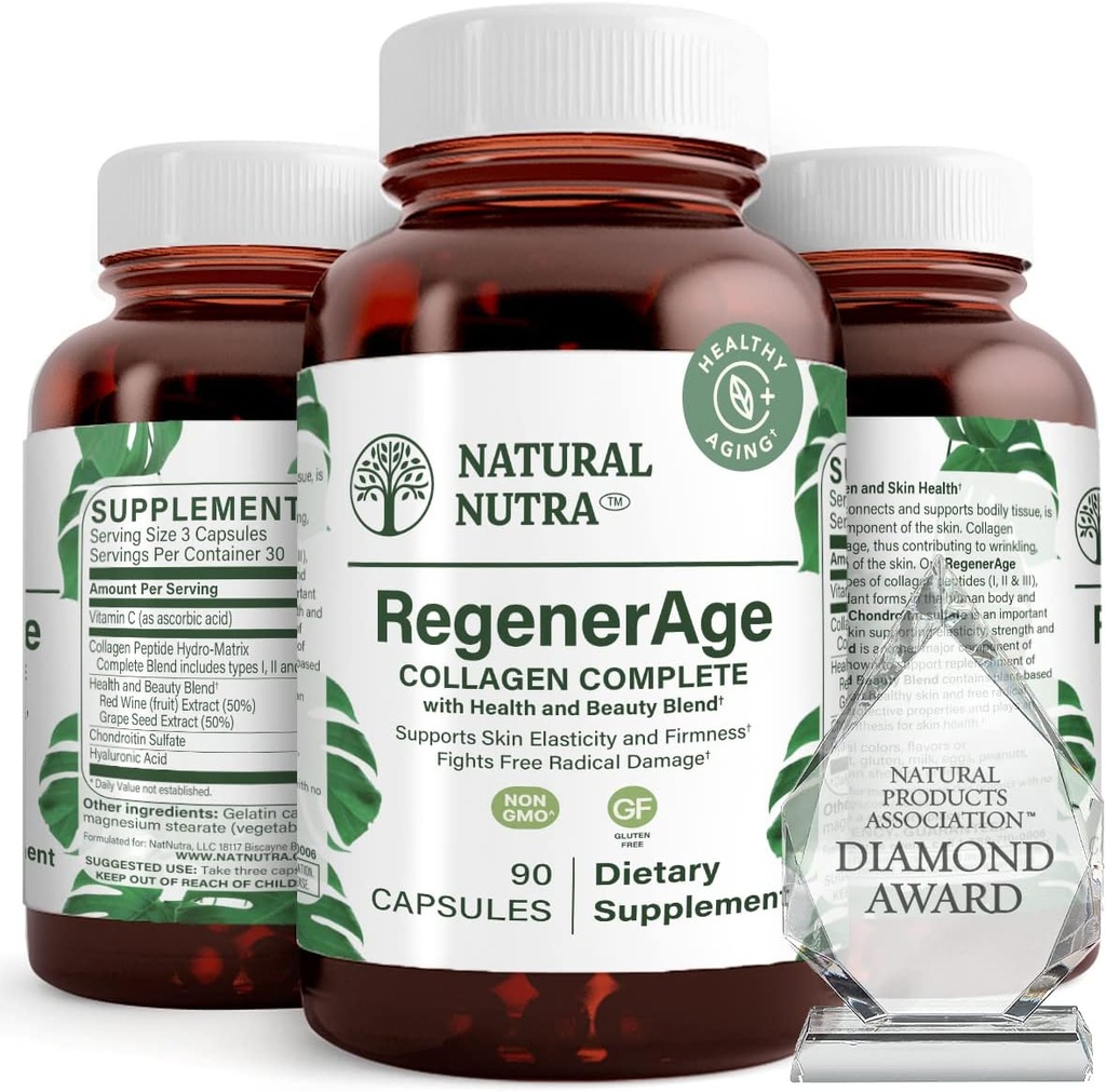 Naravni Nutra RegenerAge Popolni dodatek za zdravje kože s proteini peptidi, zmanjšanje raztezanje oznake, prispeva splošno zdravje, vitamin C, grozdno seme rdeče vino ekstrakt, Gluten brez, 90 Kapsule.