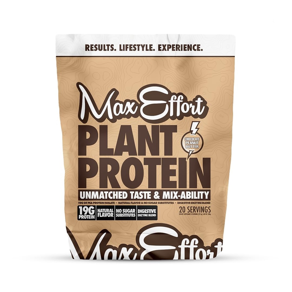 MAX EFFORT Rastline Protein Powder, 19 G Pea Protein, na osnovi rastlin, brez glutena, brez ogljikovih hidratov, z nizko vsebnostjo ogljikovih hidratov, shake ali smoothie Mix, nadomestek obroka, brez sirotke, brez nadomestkov sladkorja, čokoladno arašidovo maslo, 20 Srvg