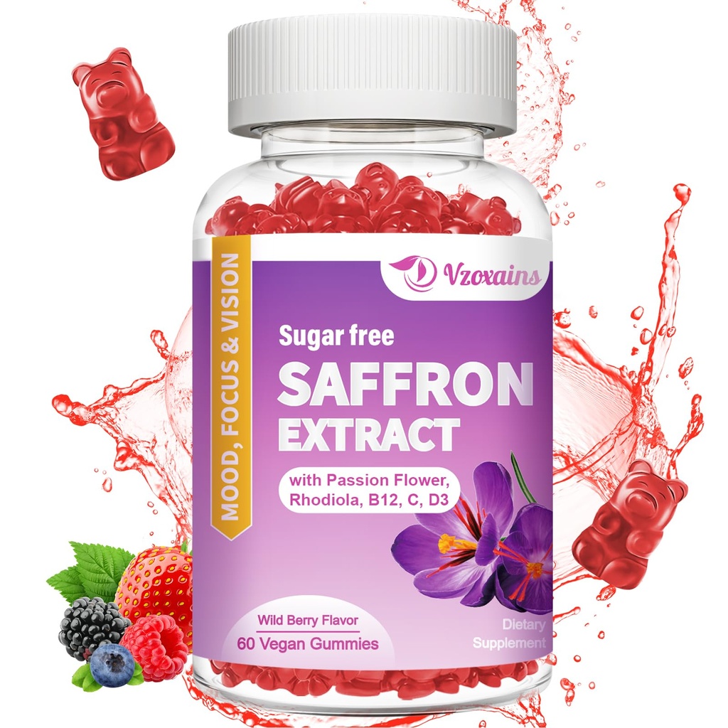 Saffron Gummies, 10 v 1 Saffron dopolnila Gummies z magnezijem, Ashwagandha & Rhodiola Rosea, Sugar Free Vegan mešane jagodne arome - 60Cts