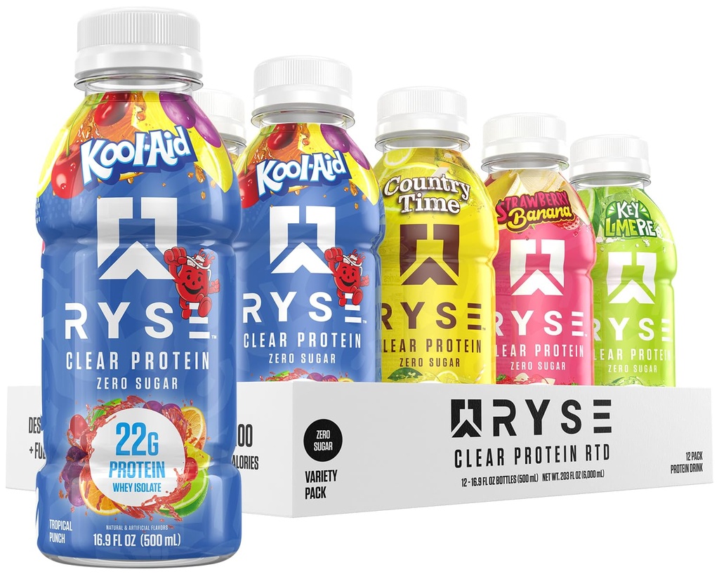 RYSE Clear Protein Drink - Variety Pack - 100 kalorij, 22g Whey izolat Protein Shake, Sugar-free, 0g Maščoba in laktoza-free - Osvežitev pripravljen za pitje Beverage - 16,9 fl oz steklenice (12-Pack)