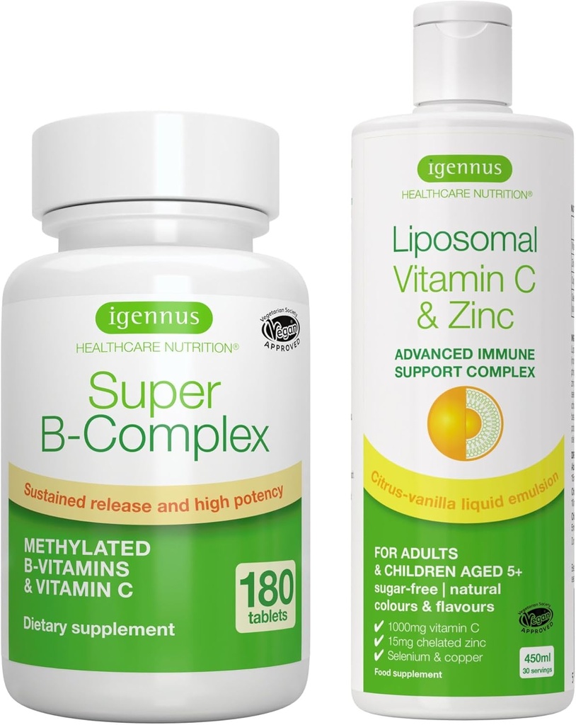 Super B-kompleks + liposomski vitamin C 1000mg & cinkov veganski paket, metiliran trajen release B kompleks & visoka absorpcija Tekoči imunski podporni kompleks, ki ga Igennus