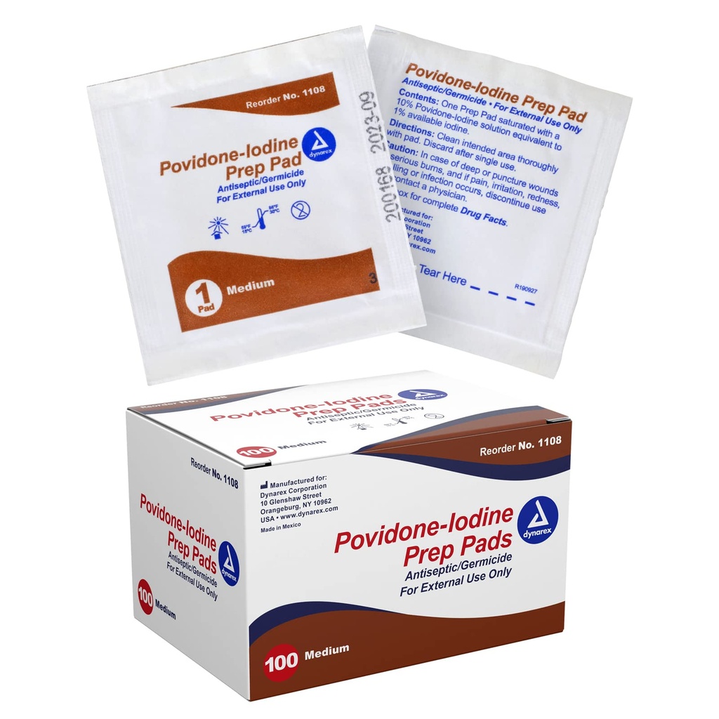 Dynarex Povidon-jodine Prep Pads, nasičen s Povidon Iodine 10%, Medical-stopnje Antiseptične krpice, ki se uporabljajo za pripravo Prepping Prior Minor Postopki, Medium, 1 Primer 100 Prep Pads