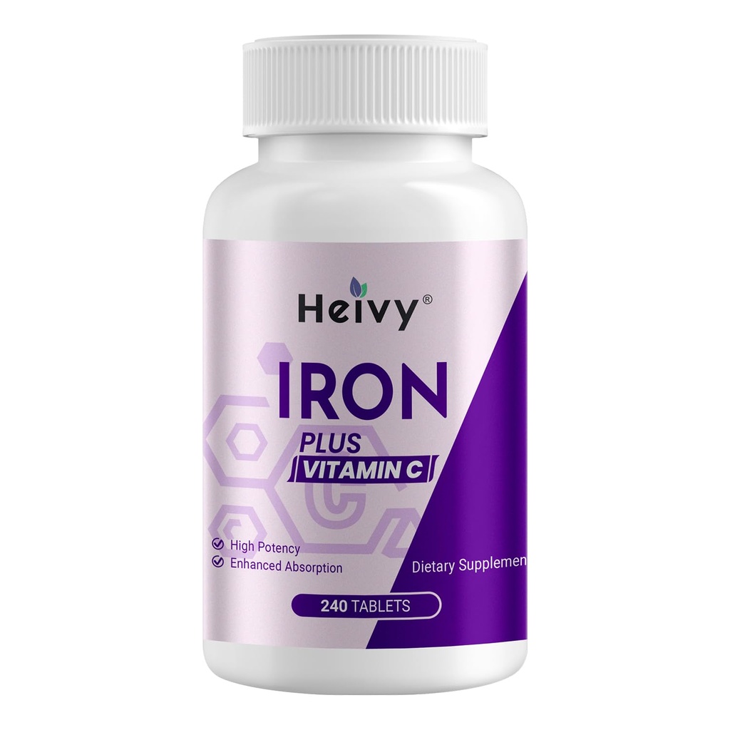 Heivy Ferrous Sulfate 325mg (Iron 65mg), Železni dodatek za ženske in moške, železove tablete z vitaminom C, železov sulfat, ne-GMO - 240 tablet Made in USA