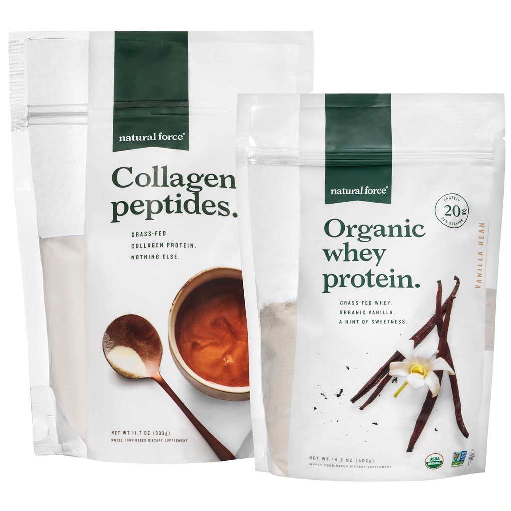 Naravna sila čista, trava Fed Kolagen Peptidi + Vanilla Organic Whey Protein Bundle – organski, ne gensko spremenjeni sirotkini proteini & hidrolizirani tip I in III kolagen – 14.3 Ounce Bag in 11.7 Ounce Bag