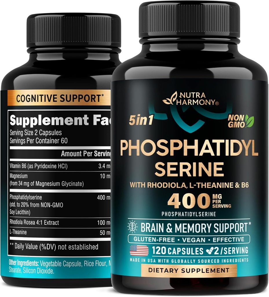 Fosfatidilserin 400 mg z L-teaninom, magnezijem in vitaminom B6, Rhodiola Rosea - Brain, Memory & Focus Support - Certified Non-GMO, Seveda izpeljan in biorazpoložljiv - Made in USA - 120 Сapsules