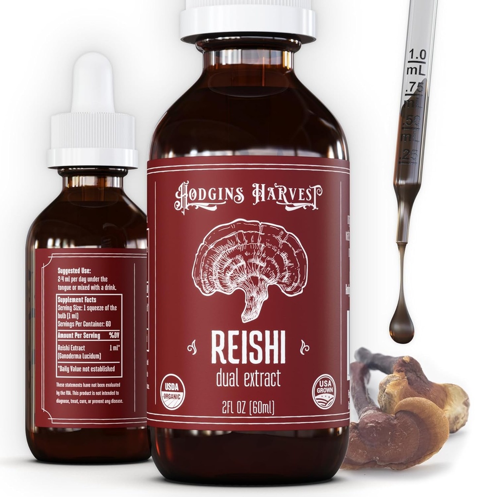 Hodgins Harvest Organic Reishi Gobe Izvleček tinkture - ekstra koncentriran dvojni ekstrakt dodatek - Podpira zdravje srca in dobro počutje - USDA Organic Gobe - 2 oz
