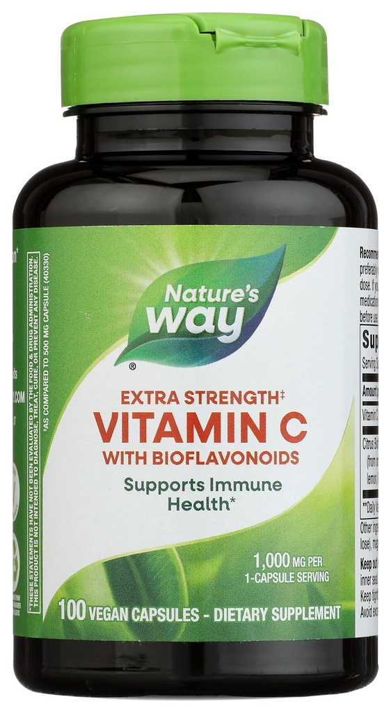 Naravna pot Dodatna moč(1) Vitamin C z bioflavonoidi, podpira imuno zdravje*, spodbuja proizvodnjo kolagena za zdravo kožo*, 1.000 mg na kapsulo, 100 veganskih kapsul (Packaging May Vary)
