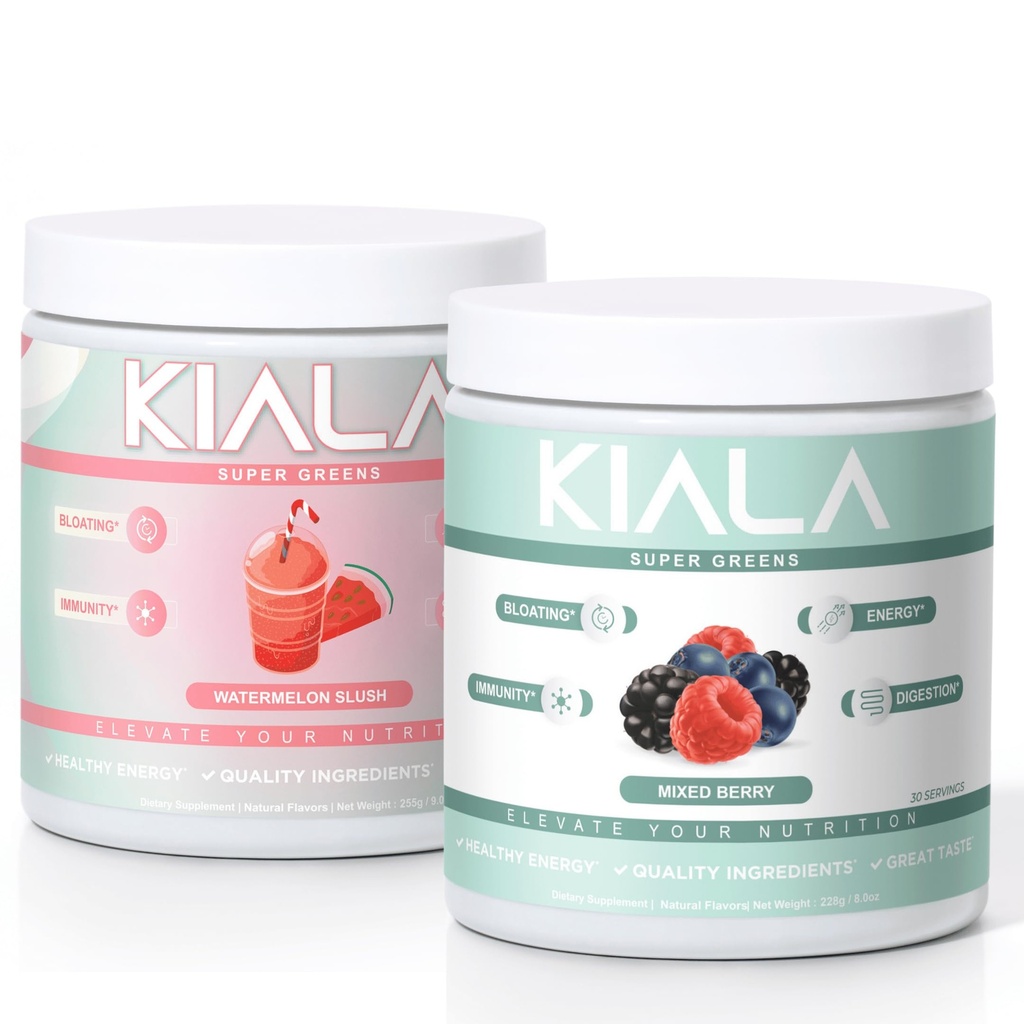 Kiala Nutrition Super Greens, Organic Greens Powder, Spirulina & Klorella Superfood Powder, Sladkor & Gluten Prost Vegan, Spectra mešanica, Watermelon & Mešana Berry 2 Pack