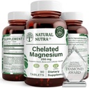 Naravni nutra kelirani magnezijev oksid 250 mg - visoka absorpcija za močne kosti, zdravje srca, energijsko okrepitev, brez glutena, brez glutena, brez GMO, 90 tablet (3 pakiranja) v steklenicah, ki jih je mogoče reciklirati