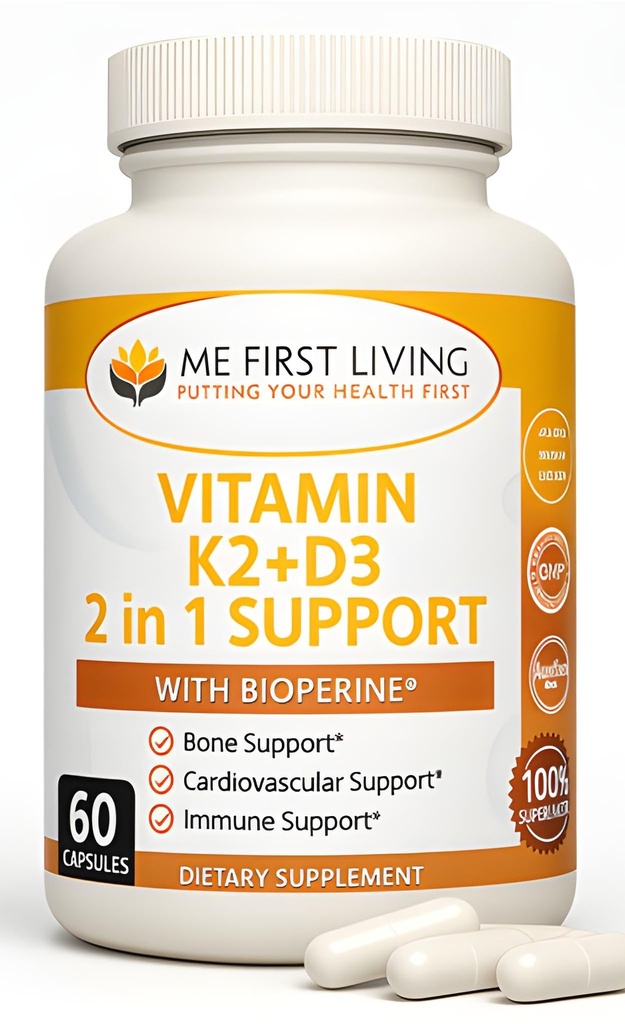 Me First Living Vitamin D3 K2 Dopolnilo zdravje kosti in srca ne-GMO Formula 125 MCG Vitamin D3 & 100 MCG Vitamin K2 MK-7 Enostaven za požiranje Vitamin D & K kompleks s kalcij