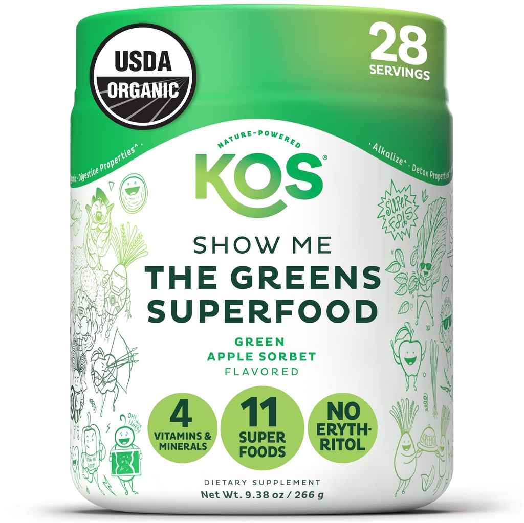 KOS Organski superzeleni v prahu Eritritol brez - rastlinska superživilska mešanica s spirulino, klorolo in pšenično travo - USDA Certified Organic, Green Juice Smoothie - Apple Flavor - 28 Servings