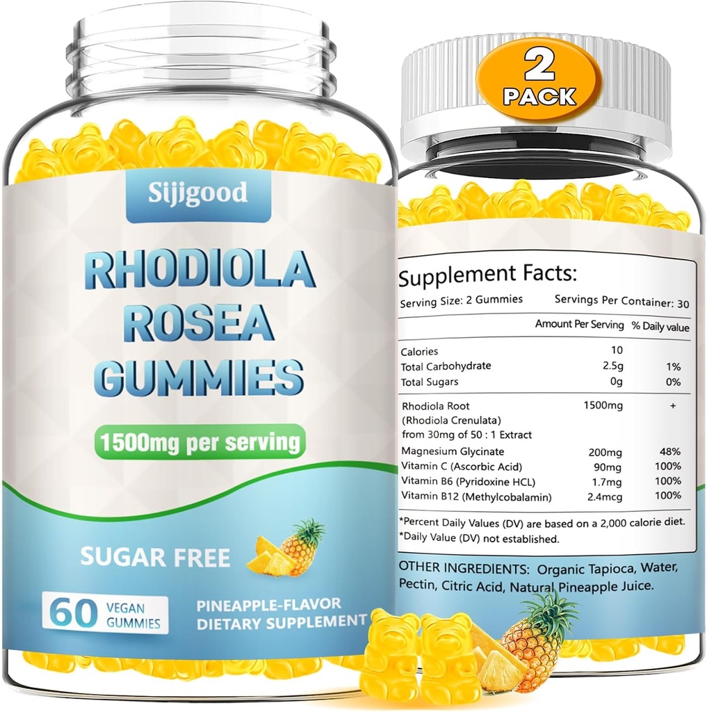 2 Pack Sugar-free Rhodiola Rosea Gummies, Adaptogene Rhodiola Rosea dodatek & Cortisol Bloker za izboljšano Stamina, Mood viÅ¡ina, in Motivation Boost, Non-GMO, Vegan, 120 Count