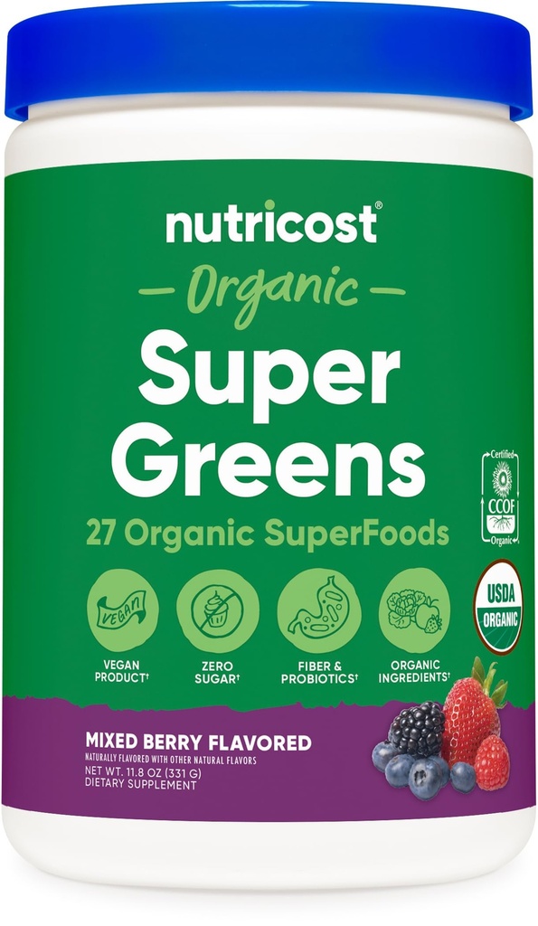 Nutricost Organic Super Greens Powder (30 strežnikov) Mešana jagodičja aroma - Superfood dodatek pijača Mix