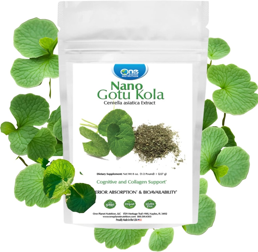 One Planet Nutrition Nano Gotu Kola Powder 8 oz (227 Servings), Gotu Kola Extract, Nano za izboljšano absorpcijo, izboljša delovanje možganov in kolagen sintezo, Non-GMO, Vegan, Gluten-free