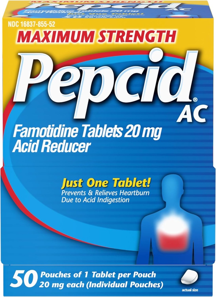 Pepcid AC maksimalna moč zgaga Relief tablete, OTC Medicine Preprečuje in sprošča zgago in kisline Refluks zaradi kisle prebavnosti, 20 mg Famotidin Acid Reducer, hitro delovanje, 1 x 50 ct