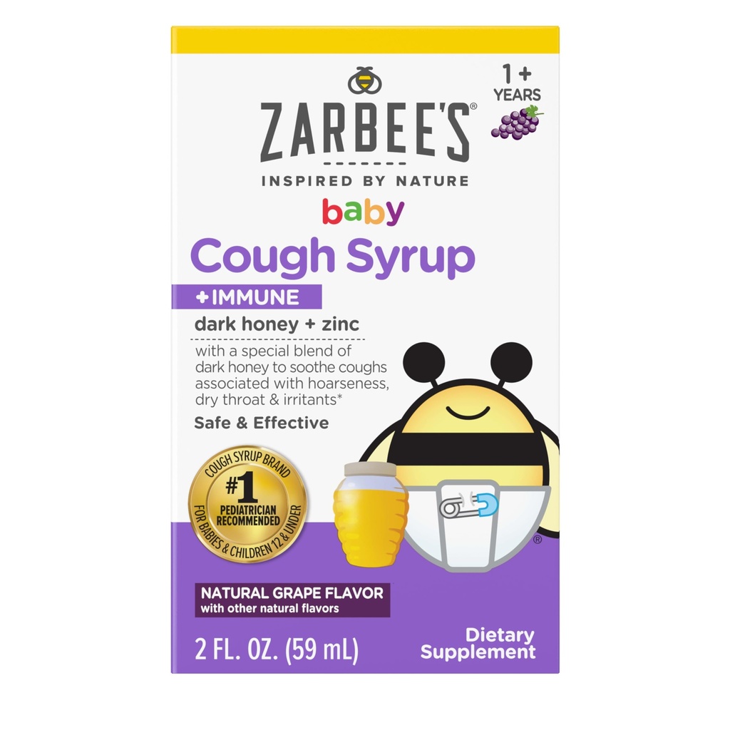 Zarbee's Baby Honey Cough Sirup + Imuna za dojenčke 12-24 mesecev, Safe & Efficient Cough Sirup s pomirjujočim temnim medom in cinkom za imuno podporo*, zdravila in alkohol brez, grozdje, 2 fl. Oz