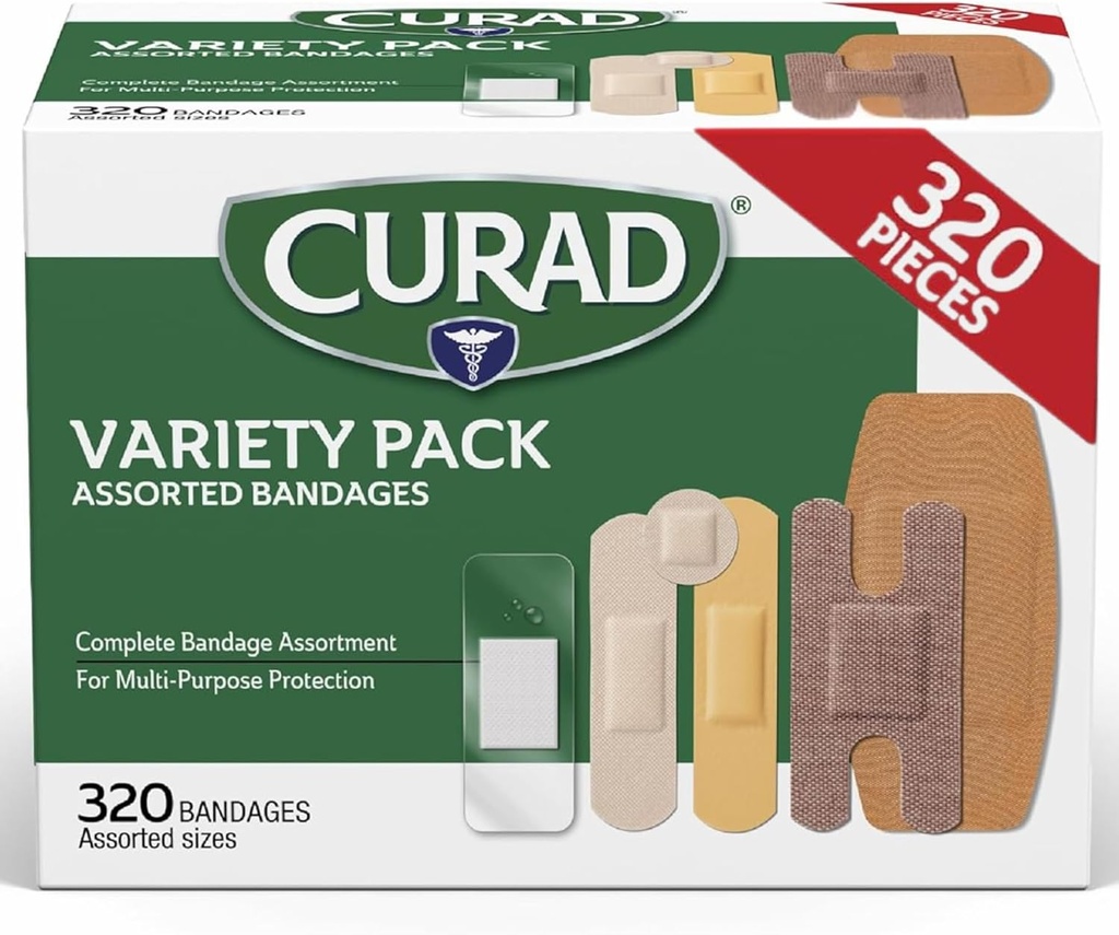 CURAD Razvrščeni Bandages Bulk Variety Pack 320 Štetje 5 Slogov, vključno z vodoodporne, čistega, plastike, težka dolžnost in Flex-Fabric prvi pomoči Kit Essentials ščiti scrapes, cuts & Burns