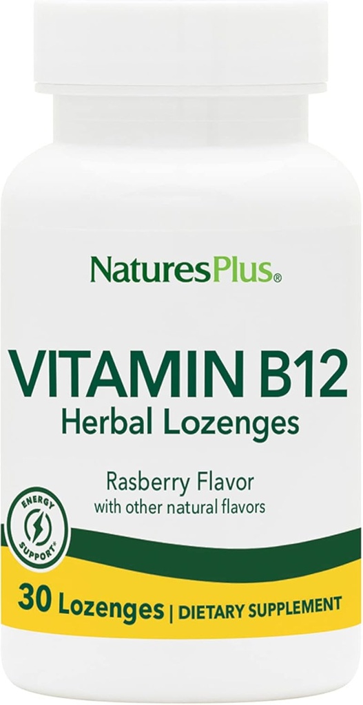 Natures Plus B12 Zeliščni lozenges (Metilkobalamin) - 1000 mcg, 30 Podjezične Lozenges - Raspberry - Največja absorpcija Podpora rdečih krvnih celic - Energy Booster - Vegetarian, Gluten-free - 30 Servings