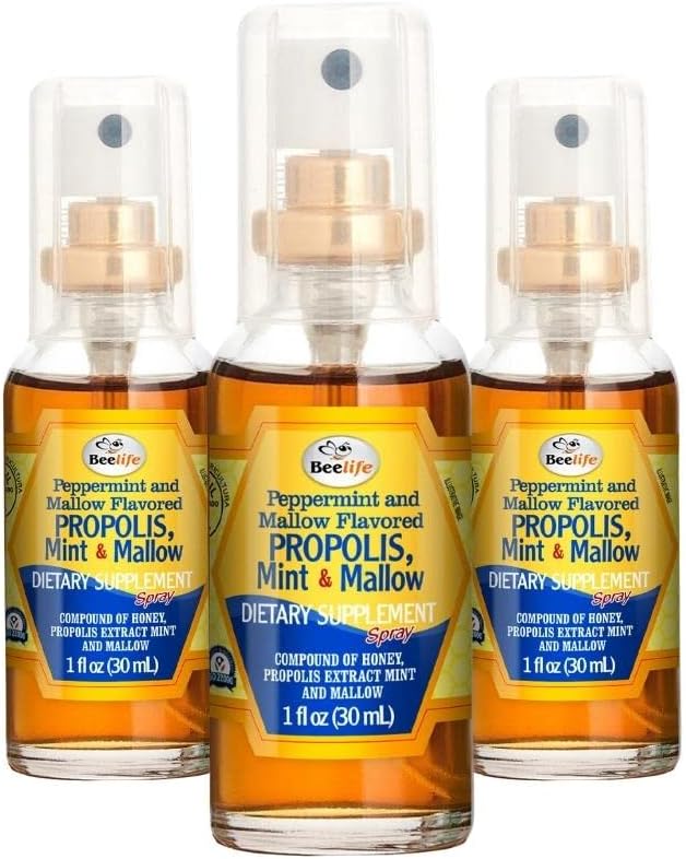 Beelife Propolis Pršilo za grlo – Pomirjujoči med, Mint & Malva Propolis Spray - Naravna imunost podpora in boleče grlo Relief - Bee Propolis – Antioksidanti, Flavonoidi & Artepillin C, Gluten-free - 3-Pack