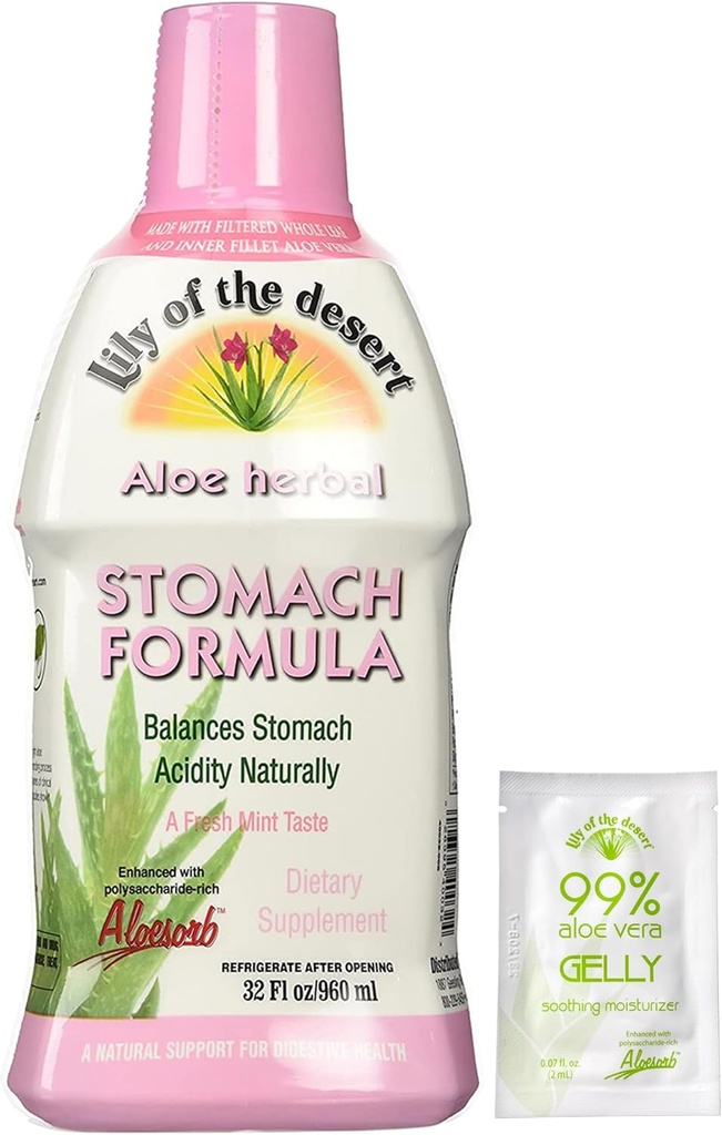 Lily iz Desert Stomach Formula, Organic Aloe Vera Juice s Slippery Elm, Kamilica, Peppermint, in Ginger za Gut Health, Kisli Reflux, Zgaga Relief, 32 Oz, Gelly Sachet Vključena.