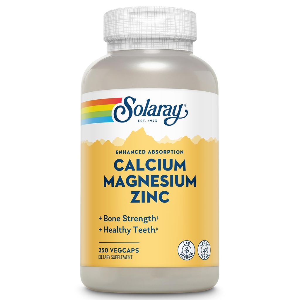SOLARAY Kalcij Magnezijev cink dodatek - s kalcij 1000mg, magnezij 500mg - zdravje kosti, delovanje mišic, zdravje srca in imunske podpore - Vegan, 60 Day garancija, 62 Serving, 250 VegCaps