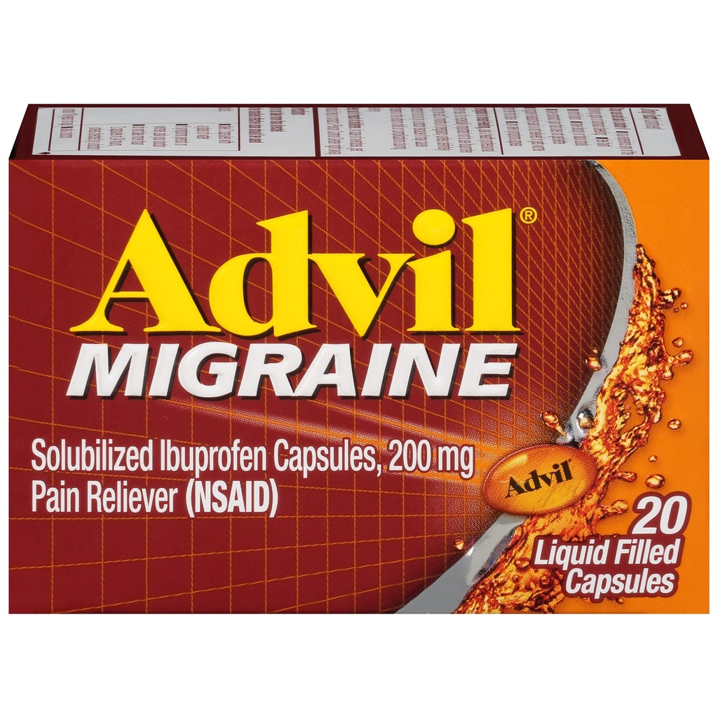 Advil Migraine Glavobol Relief, Ibuprofen Kapsule z ibuprofenom 200 mg za migreno Relief, slabost Relief in lahka občutljivost Relief - 20 tekoče napolnjene kapsule
