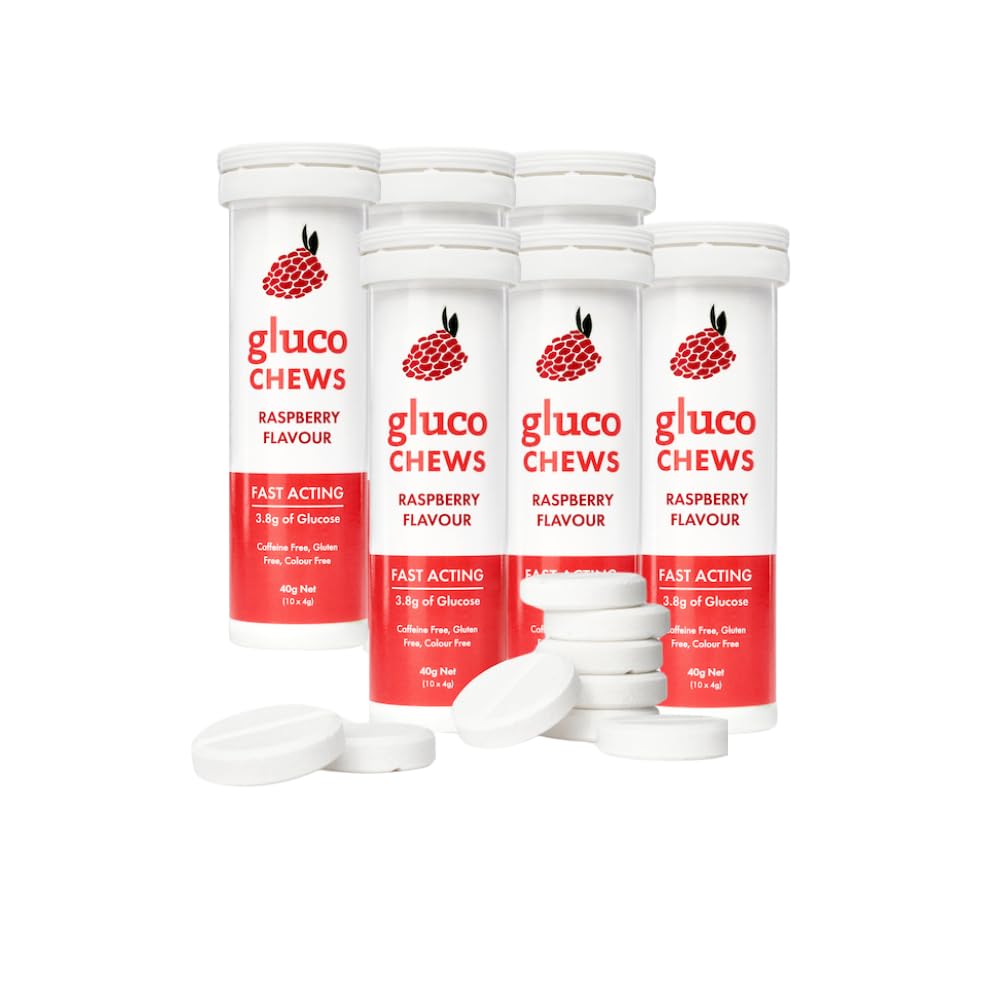 Glukoke Raspberry Glucose tablete – 60 tablete (10 na cev, 6 Pocket Sized Tubes) – 3.8g hitro delujoča glukoza vsak – povečuje energijo – Gluten-free, maščobe-free, kofein-free