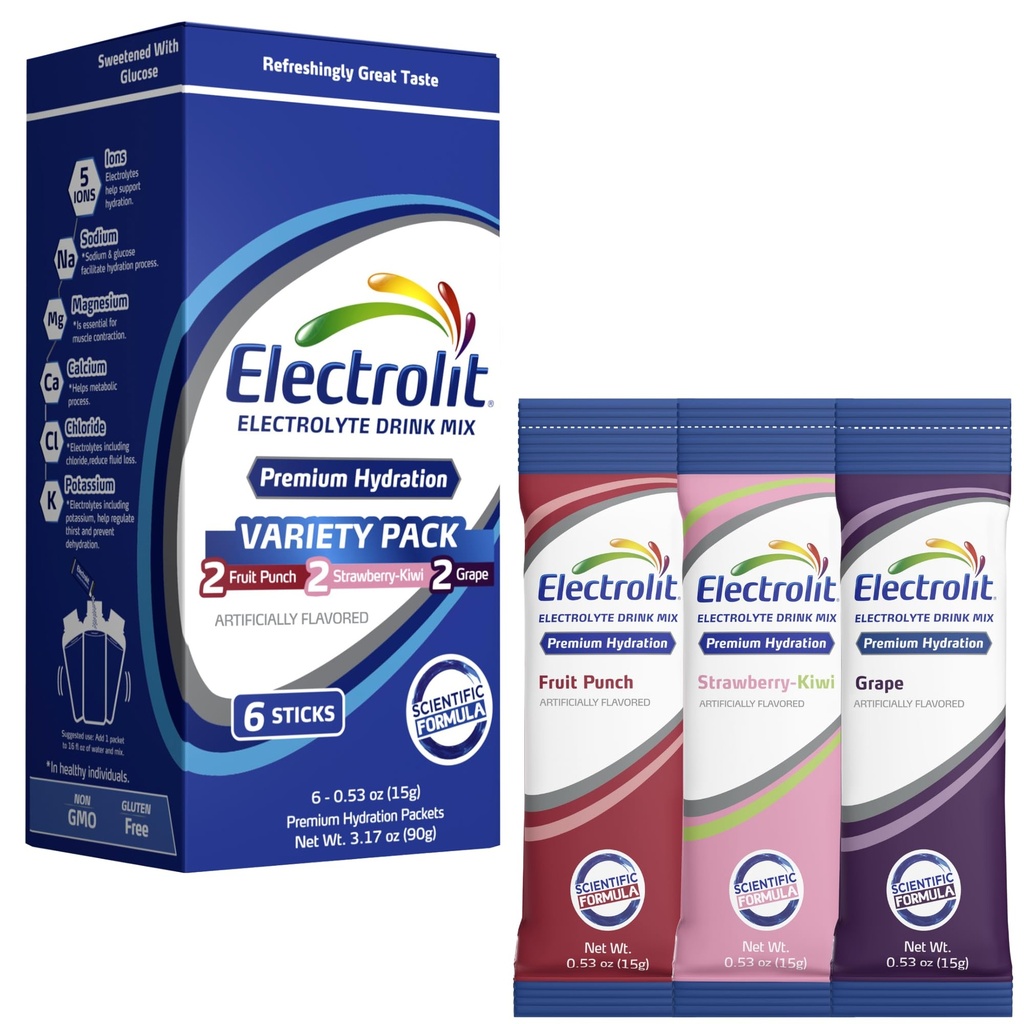 Electrolit Electrolytes Powder Packets, Variety 6 Pack, Powdered Hydration Packets for Dehydration & Rehydration, Post Workout Flavored Hydrating Drink Mix, Gluten Free Water Enhancer Sticks