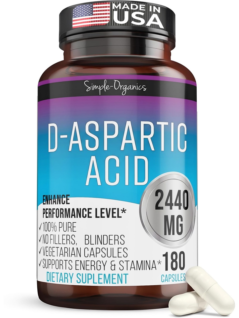 Kaibro Nutra D-asparaginska kislina dodatek za moške, 2440mg D-asparaginske kisline na serviranje, Energy & Testosteron Podpora, Gluten-free Ne-GMO, 180 Veganske kapsule