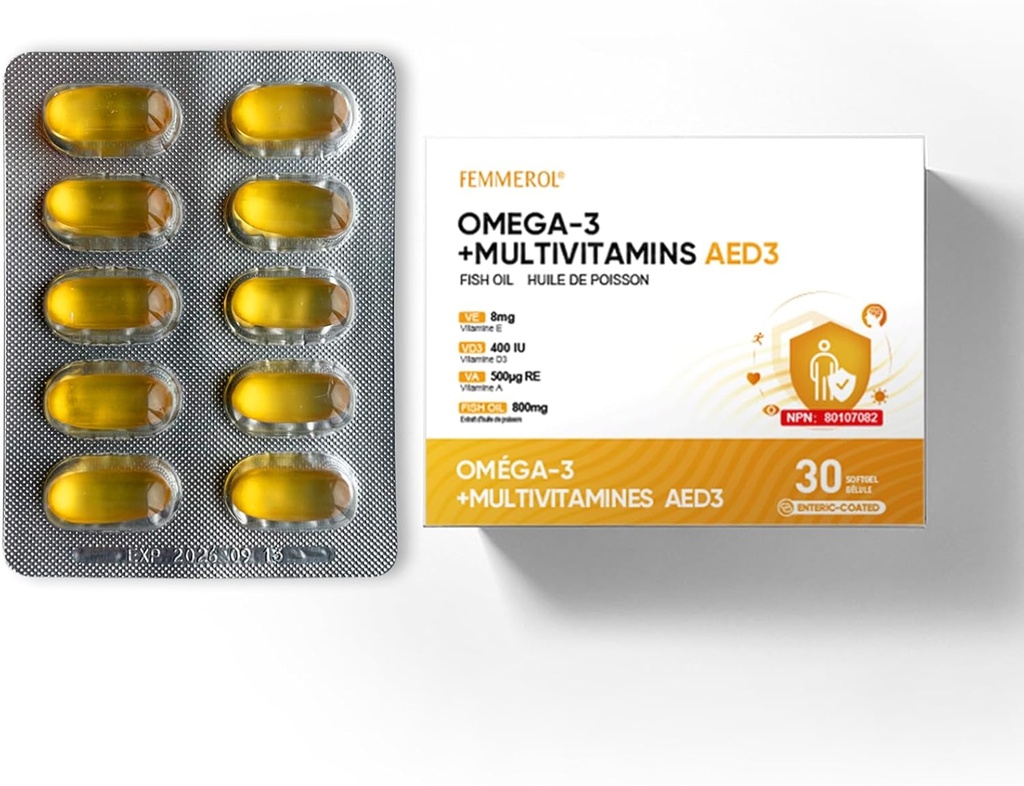 Multivitamini z omega-3, multivitaminom za ženske in moške, enterično prevlečeno ribje olje DHA/EPA z vitaminom A, vitaminom E in vitaminom D3 za podporo imunskemu delovanju (1 Box 30 Softgels)