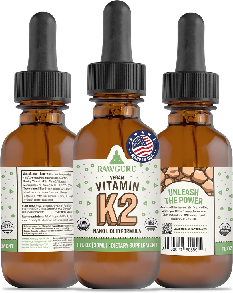 RawGuru Vitamin K2 Supplement - Organski Vegan Vitamin K2 MK7 s Trace Minerals - Nano-procesirani antioksidant & Imunska podpora dodatek Tinktura - 30 Servis veganskih kapljic na 30 ml, Pakiranje po 1