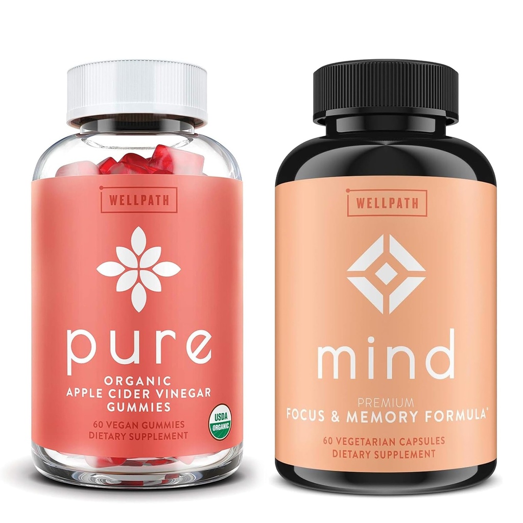 WellPath Pure Apple Cider Vinegar z mamo Gummies & Mind Brain Supplement z levjo grivo - podpira fokus in spomin, 60 Ct vsak