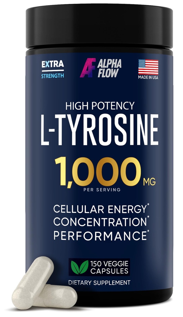Alpha Flow L Tirozin 1000MG kapsule - Vse naravno L-tirozin dodatek za fokus in energijo Boost - Non-GMO & Gluten-free - Vegan 150 Caps - 500mg x 2 na odmerek