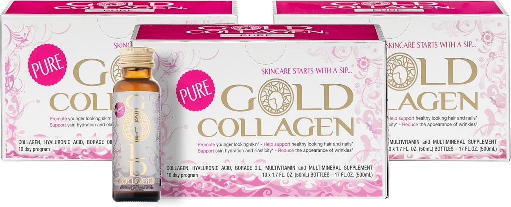 GOLD COLLAGEN Pure - Kolagen dopolnila za ženske in moške z Biotin za rast las, kožo in nohte - Proti gubam imunski sistem ojačevalec s hialuronsko kislino, vitamin C, B6 in cink, 3 Pack 10x50 ml