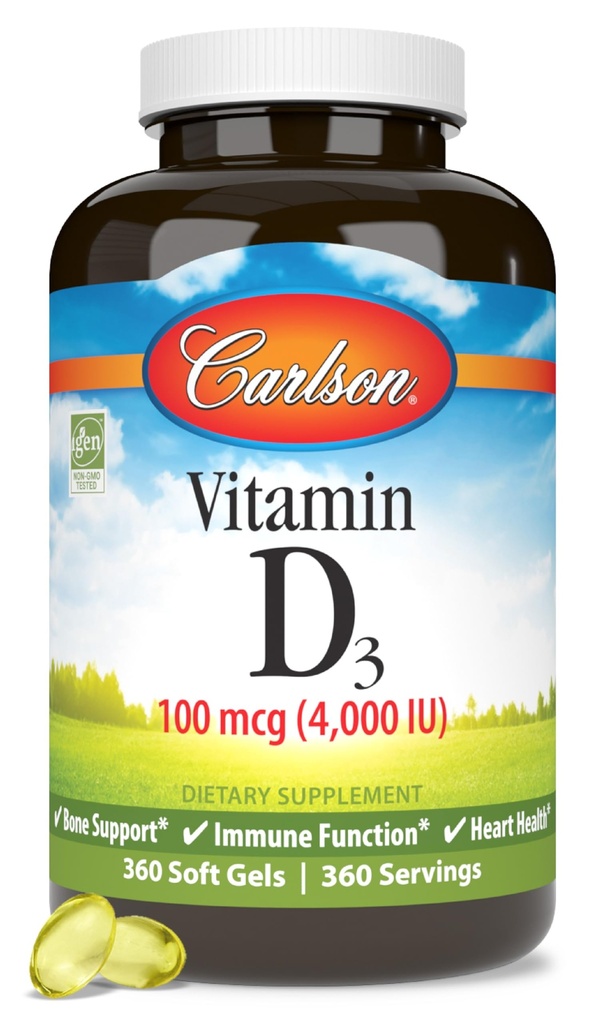 Carlson - vitamin D3, 4000 i.e. (100 μg), zdravje kosti in imunskega sistema, dodatek holekalciferola, kapsule brez glutena, 360 kapsul mehkih kapsul