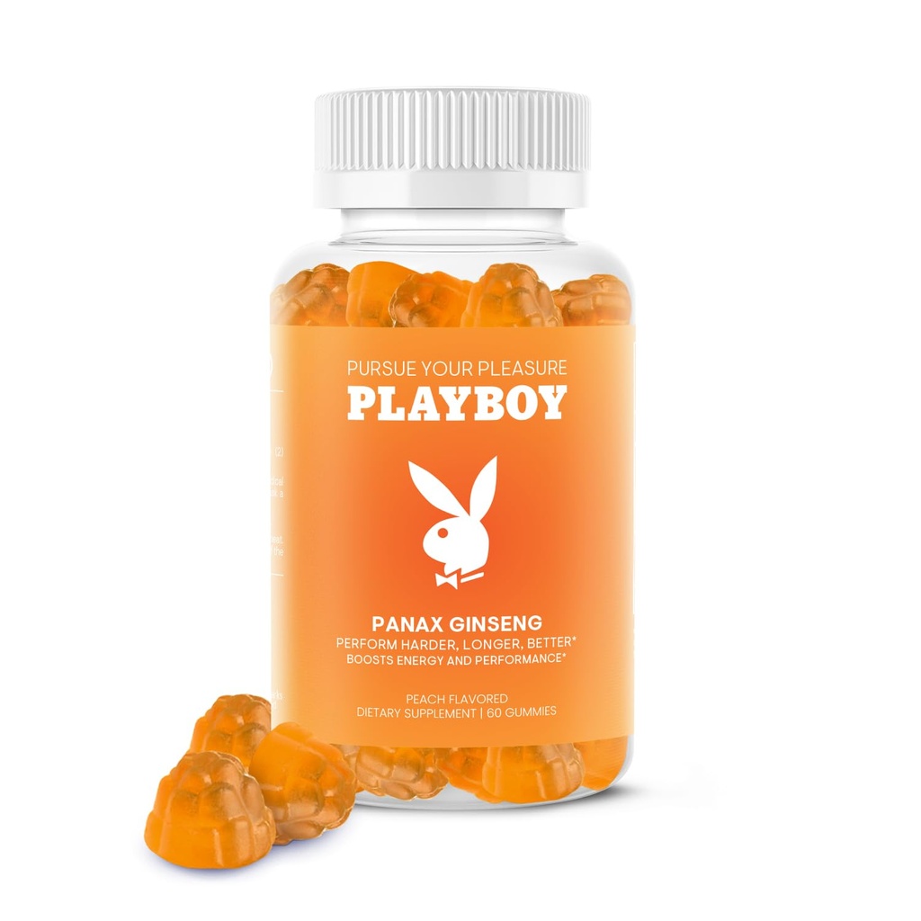 Playboy – Ginseng Gummies (60 Count - Peach Flamored) - Predvajaj težje, Daljše, boljše - Panax Ginseng dodatek Gummy za moške in ženske - 100% naravna, Vegan ne GSO Ginseng koren 6:1 Izvleček