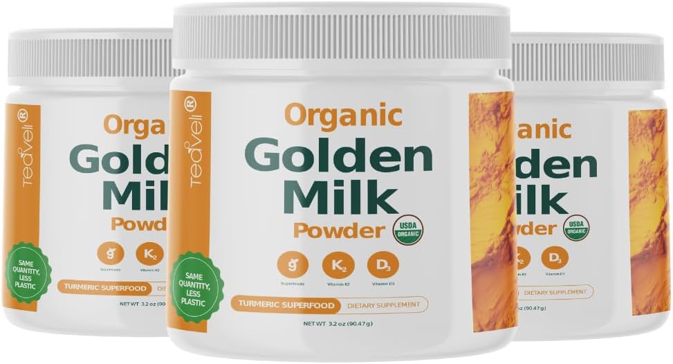 Ekološko zlato mleko v prahu z vitamini D3 & K2, Kurkumi, ingver, kurkumin, cimet, KSM66 Ashwagandha, Sveti Basil & naravni prebiotiki– Okusna nesladkana čajna lata - 3 paket