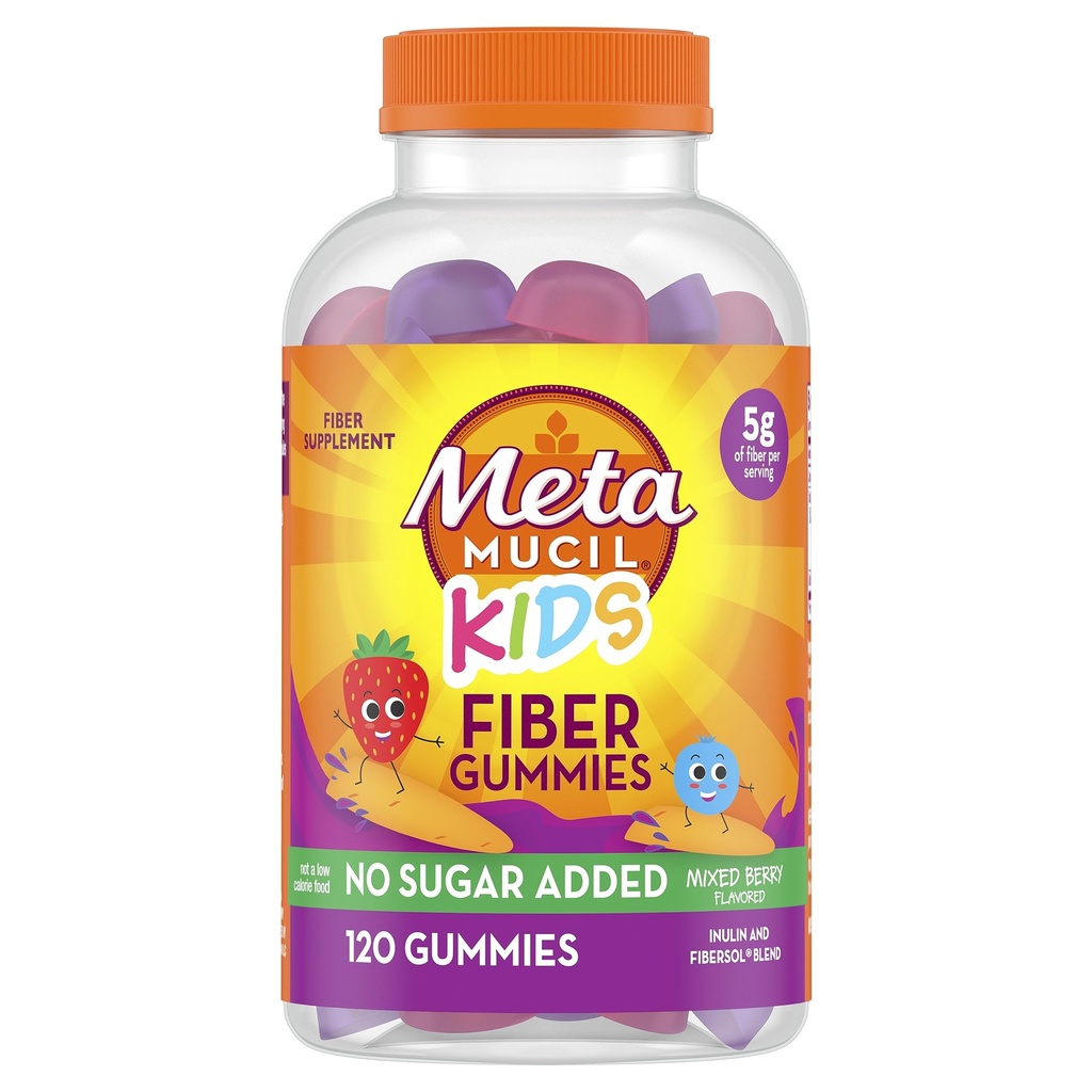 Metamucil Kids Fiber Gumies, Brez dodanega sladkorja, 5g Prebiotična rastlinsko-bazna fiber dodatek mešanica, Mešana jagode arome, 120ct Gumies